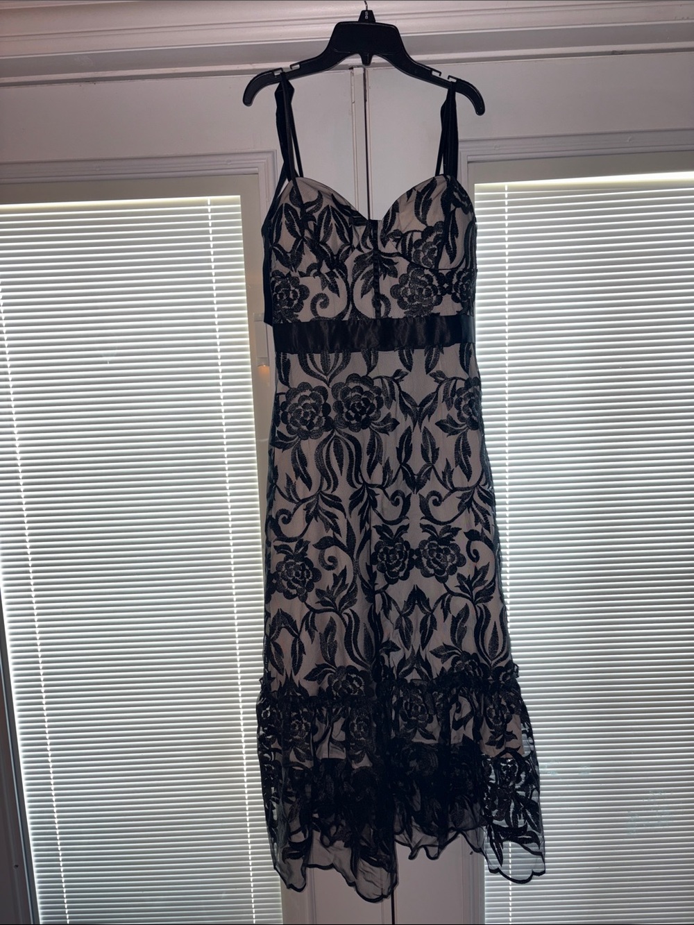 Black Lace Overlay Midi Dress with Cream Underlay
